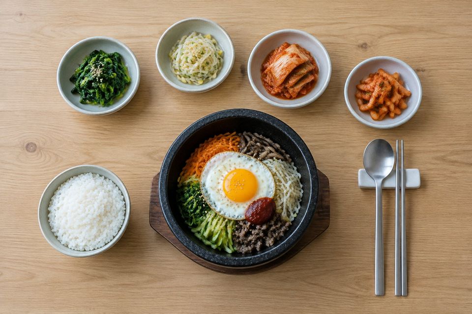 Overhead view of bibimbap in a stone bowl with banchan side dishes