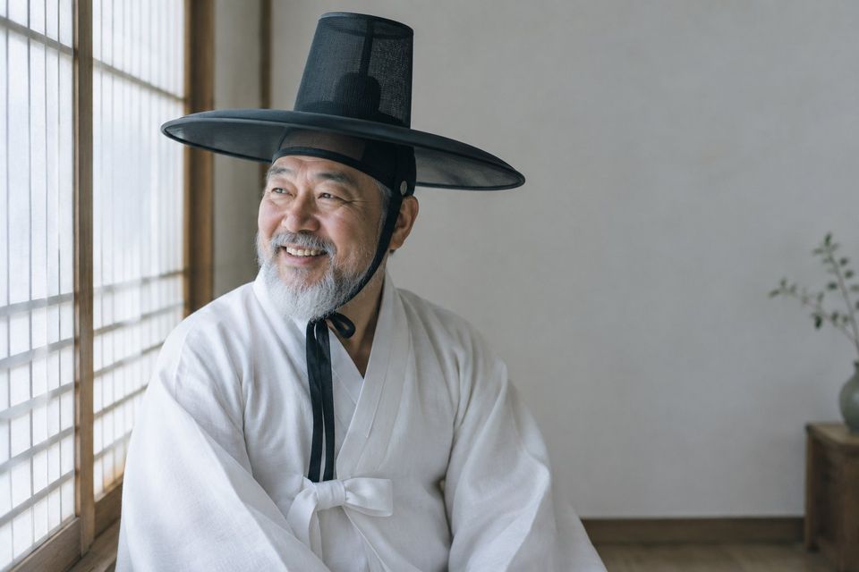 Older man in a white hanbok and black gat hat by a paper window