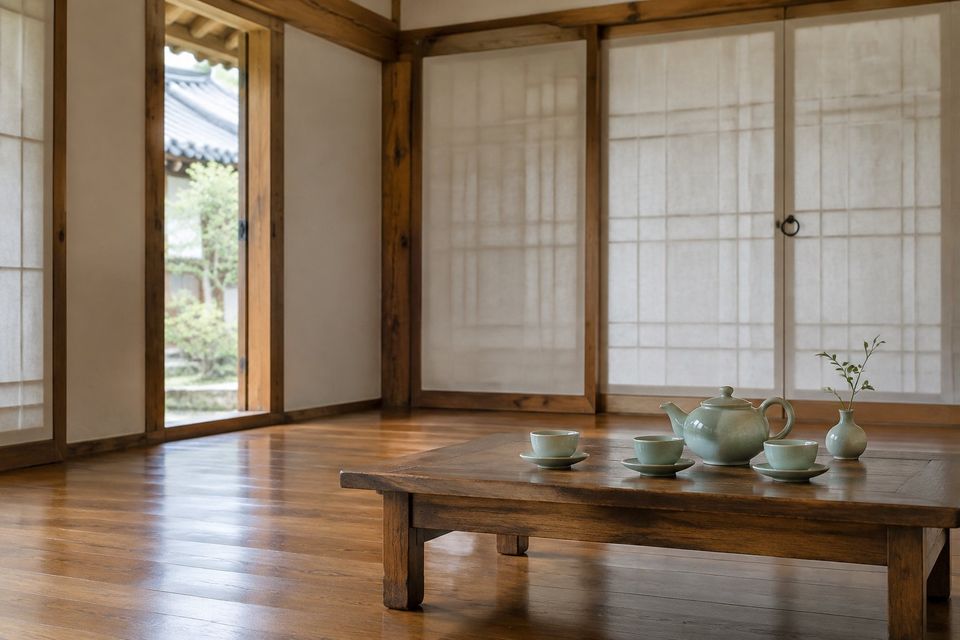 Celadon tea set on a low table in a hanok room