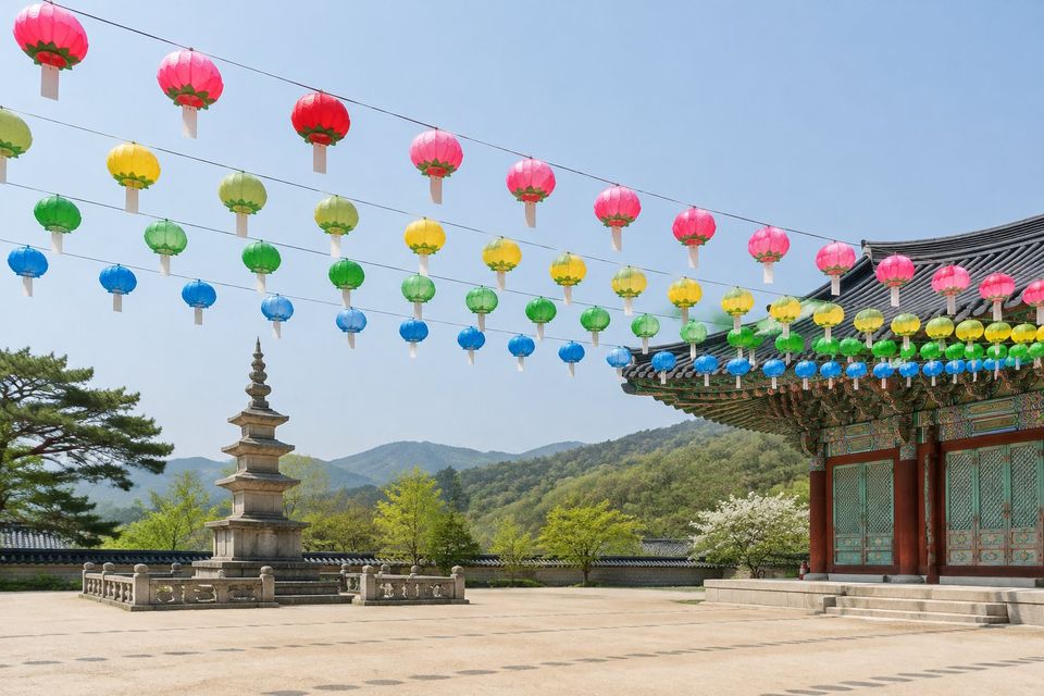 Rows of colorful lotus lanterns over a temple courtyard