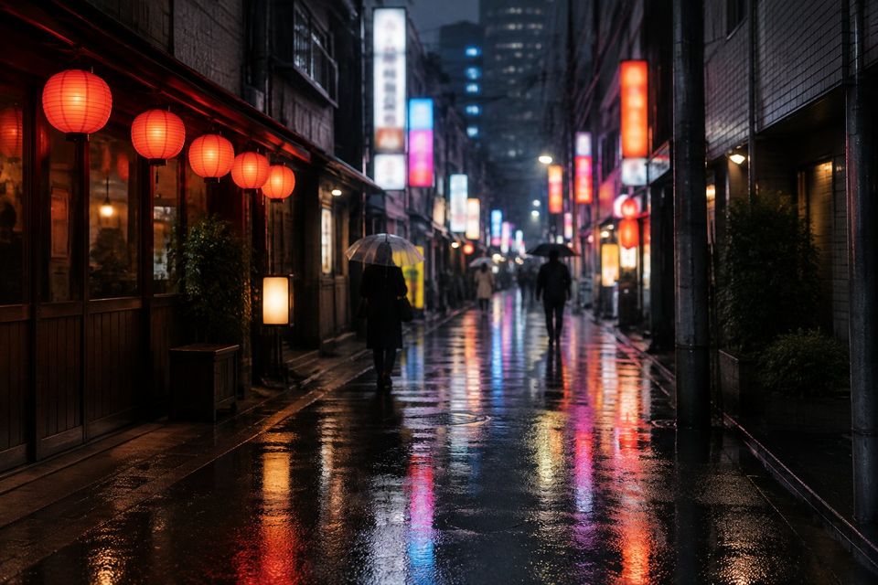 Seoul alley at night with neon and lanterns reflected on wet pavement