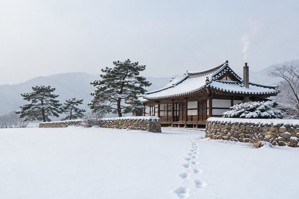 Hanok house with a snow-covered tiled roof