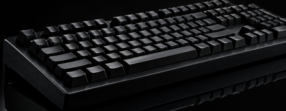 Matte black mechanical keyboard under a single raking light
