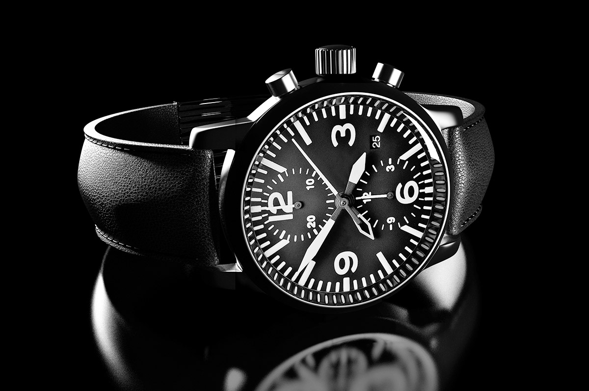 Black Stage: pilot chronograph on black glass, reflected beneath